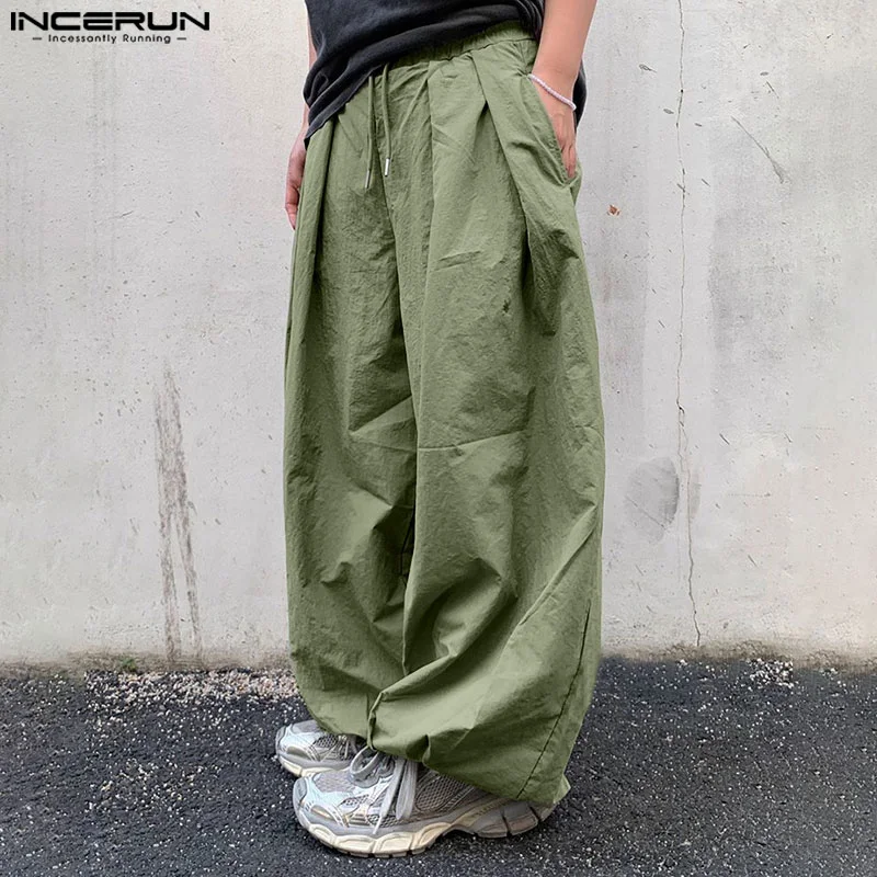 INCERUN 2024 Korean Style Trousers Men's Pleated Splicing Wide Leg Pantalons Casual Simple Male Solid Drawstring Long Pant S-5XL 4
