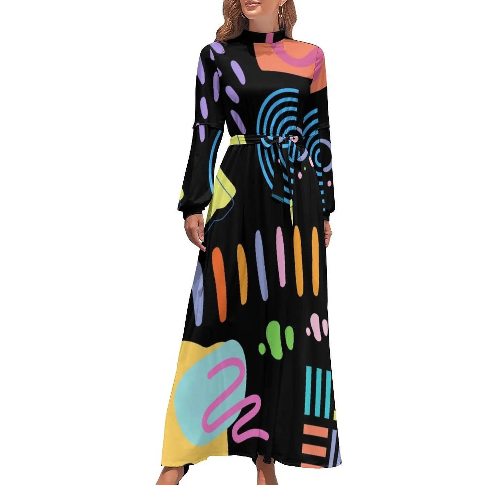 thumbnail image 1 of Vestido largo ondulado colorido y geométrico divertido con variedad de formas Ropa de mujer Vestido de verano para mujer, 1 of 5