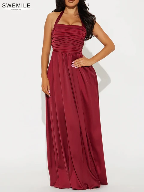 SWEMILE Simple Pleated A-line Evening Dress 2025 Halter Beach Wedding Party Special Celebration Prom Gowns Floor-Length Vestidos 4
