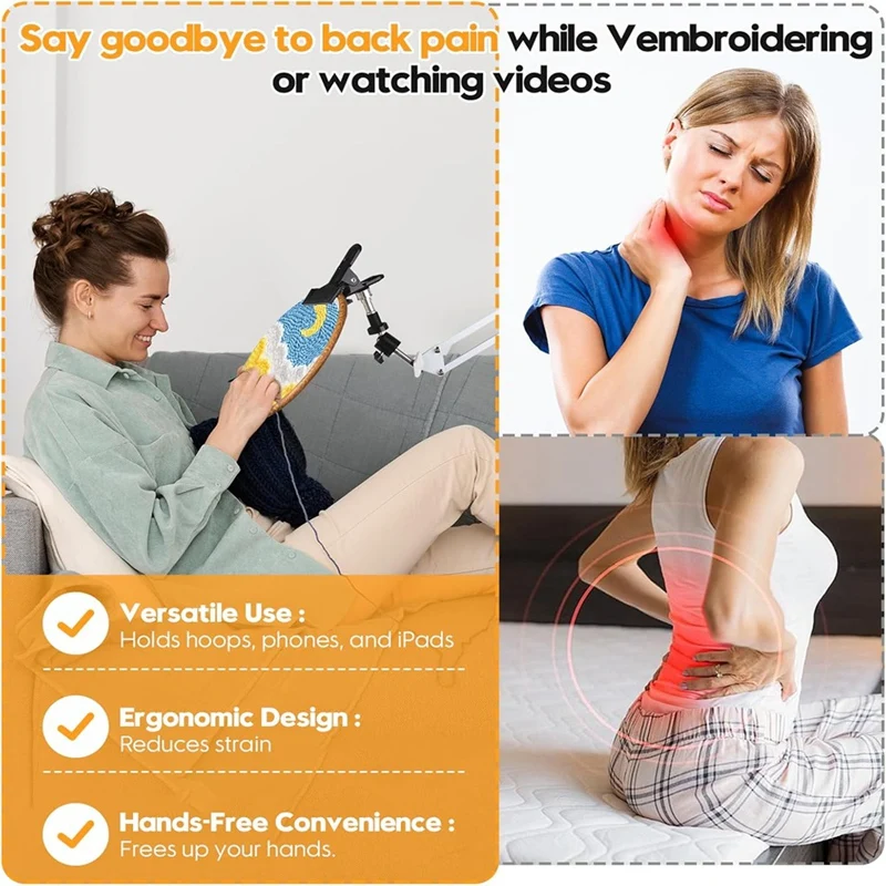 A69E-White Adjustable Embroidery Hoop Stand For Handwork, 3 In 1 Hoop/Tablet/Phone Holder Desktop Stand, Needlework Frame