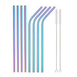 Colorful Reusable 304 Stainless Steel Drinking Straw Set with Case and Cleaning Brush (8pcs rainbow)