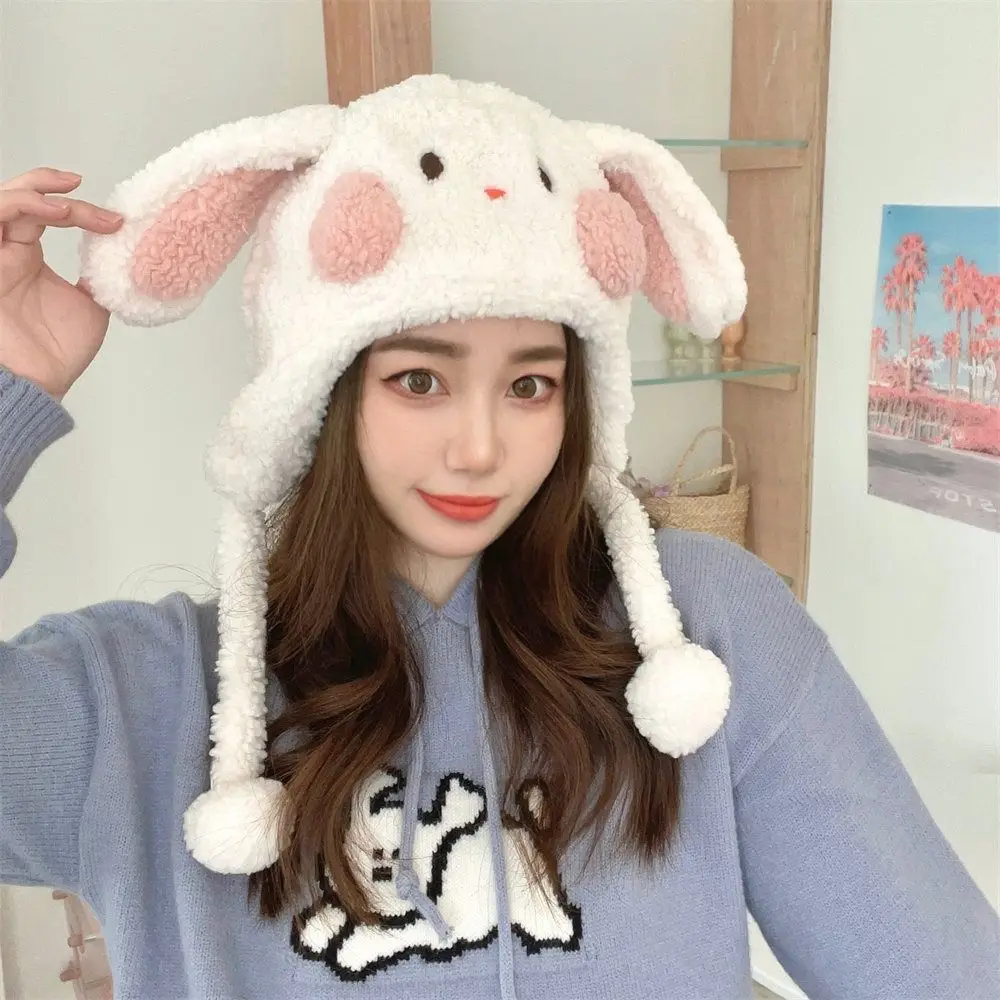 

Warm Rabbit Ears Hat Wool Cute Winter Plush Ear Protection Hat Soft Windproof Bucket Hat Women