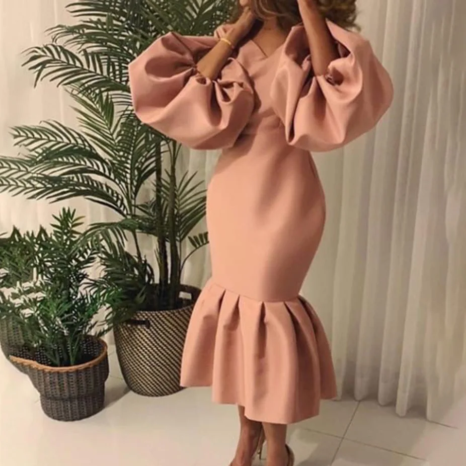 

Woman Dress Solid Color V-neck Bubble Long Sleeve Fishtail Skirt Slim Dress Summer Sexy Cocktail Wedding Party Fashion Dresses