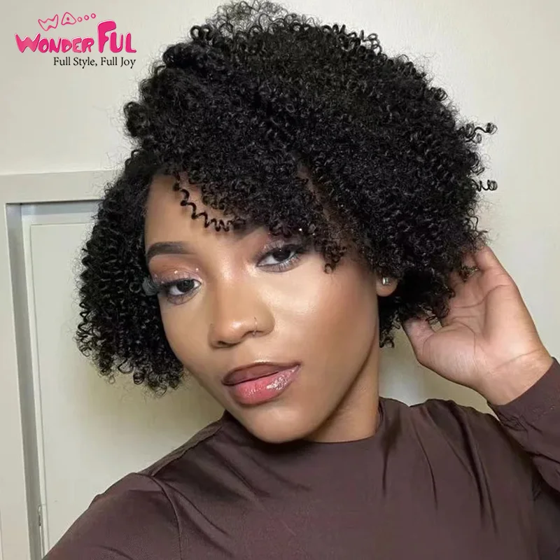 

Short Kinky Curly Wigs for Black Women Human Hair Side Deep Part Lace Wig Afro Curly Twist Out Wig Brazilian Remy Hair 12A 180%D