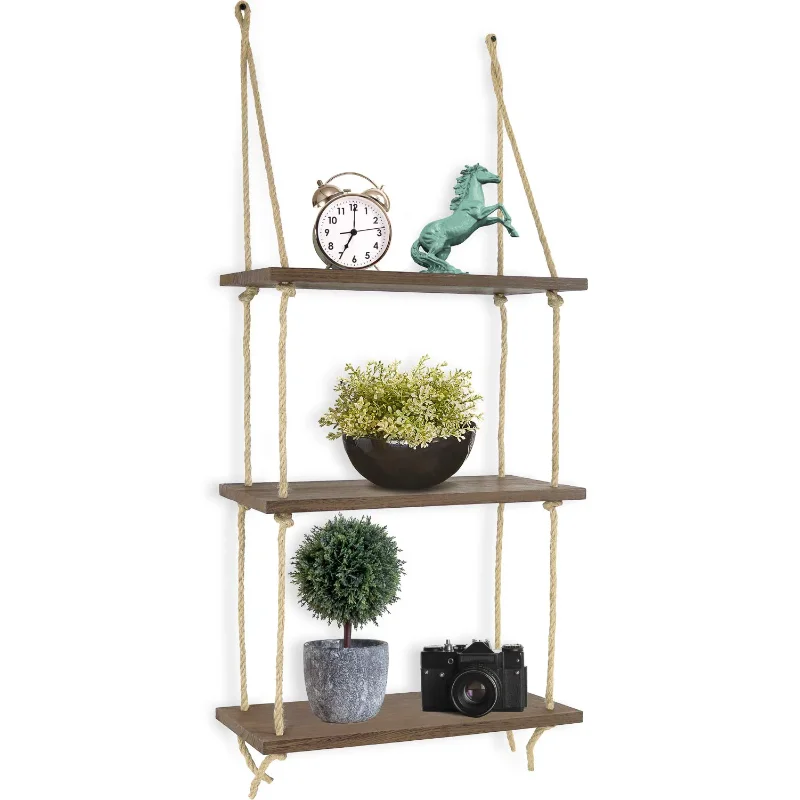 Greenco Decorative Rustic Jute Rope Wall Hanging Floating Shelves for Wall, Distressed Wood, 3 Tier Shelf for Wall plant stands