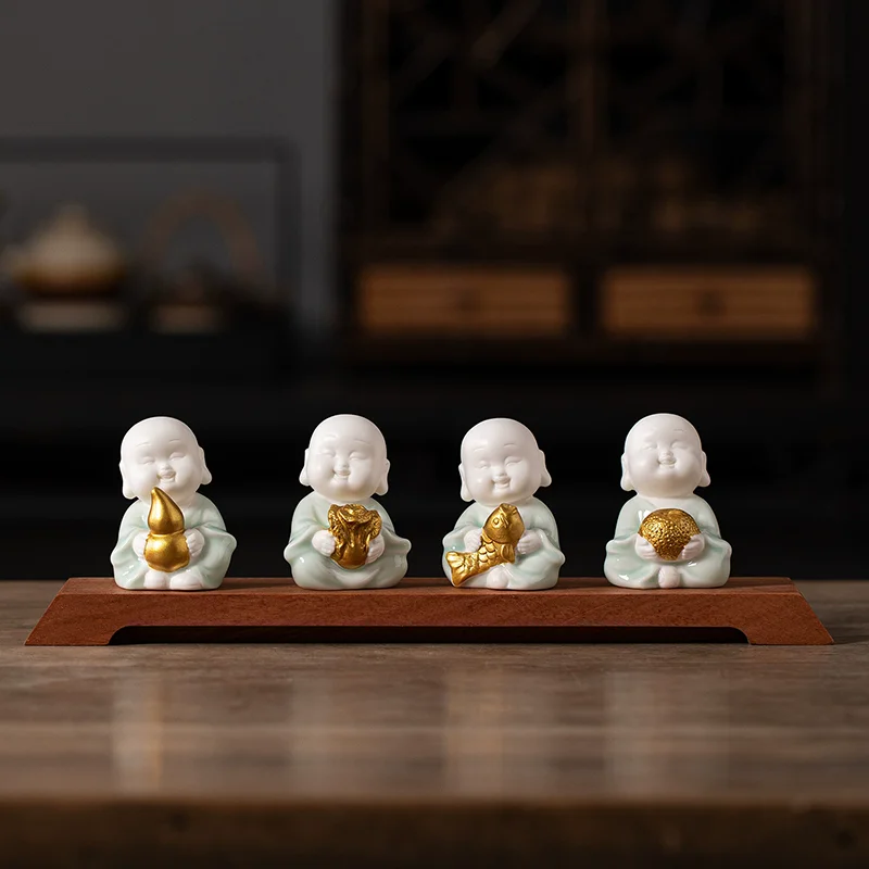 Smiling Lucky Little Monk Figurine, Ceramic Happy Buddha Boy Statue for Home Office Desk, Zen Decor Ornament for Good Fortune