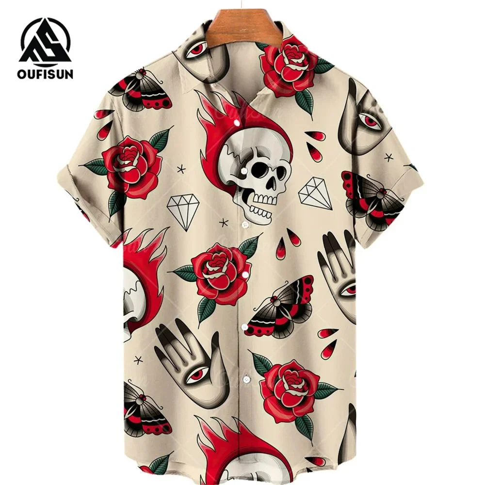 Summer Fashion Men's Short Sleeve Casual Printed Shirt Flowers Horror Skull Print Vacation Travel Oversized Top Size S-5XL 6