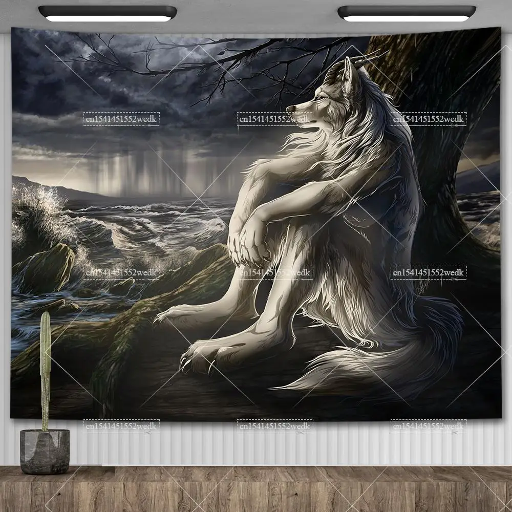 

Emo White Wolf Sitting Meme Tapestry Werewolf Tapestries For Bedroom Printed Home Decoration Paintings Room Wall Hanging Posters