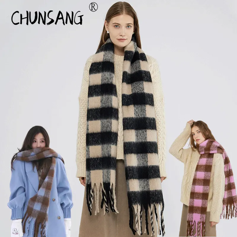 2022 New In Mohair Lattice Winter Warm Scarf Women Luxury Korean Fashion Shawls Scarves Designer Dual Purpose Cold Protection