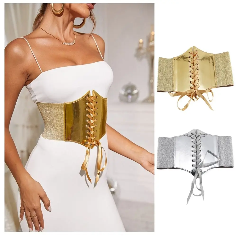 Versatile Retro Waist Belt Gold Silver Lace Up Corset Belt PU Leather Elastic Design Wide Belt for Women