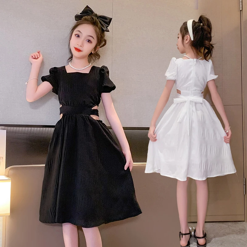 Vestido de noite das crianças Branco Preto Verão Elegante Princesa Meninas Roupas Longas Traje de vestido bonito para menina 4-16 anos