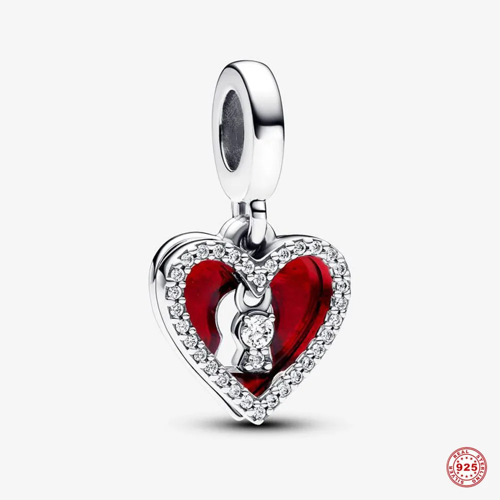 

New Original 925 Silver Charms Red Heart & Keyhole Double Dangle Charm Fit Pandora Bracelets DIY Jewelry Making Gift For Women