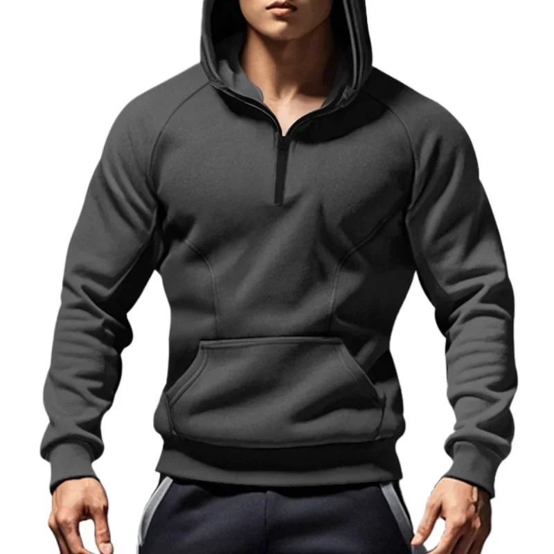 2024 Mens Half-Zip Sweatshirts Autumn Male Stand Collar Loose Solid Color Hooded Velvet Hoodie for Men Casual Army Green Hoodies 3