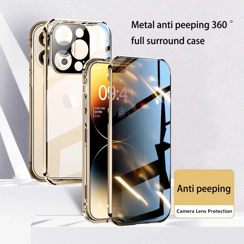 

Metal Anti-Peep Privacy Magnetic Adsorption Case For iPhone 15 14 13 Pro Max Double Sided Glass With Camera Lens Protect Cover