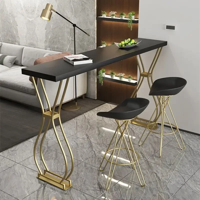 Bar Table Chair Combination Luxury Solid Wood Bar Table Home Milk Tea Shop Wall Long Table High Wrought Iron Chair