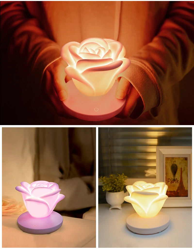 Candeeiro de Mesa Presente do Dia dos Namorados Luz da Noite Carregamento Rosa Três-velocidade Toque Romântico Led Silicone Atmosfera Luz Usb Computers & Electronics