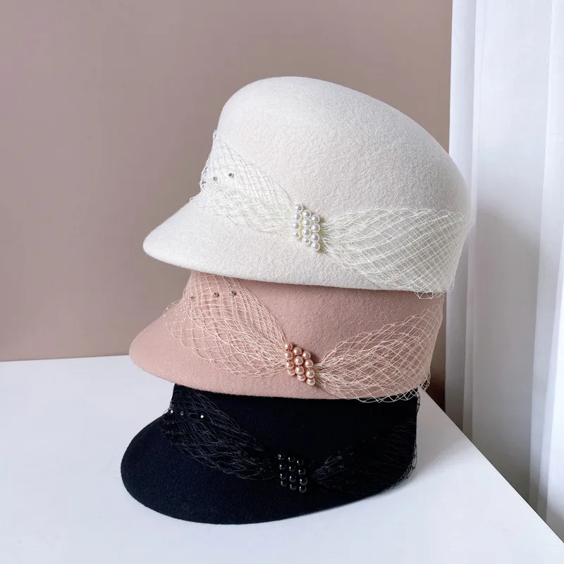 

202308-2508937 chic dropshipping winter mesh pearl ribbon ribbon japan wool felt lady Equestrian visors cap women leisure hat