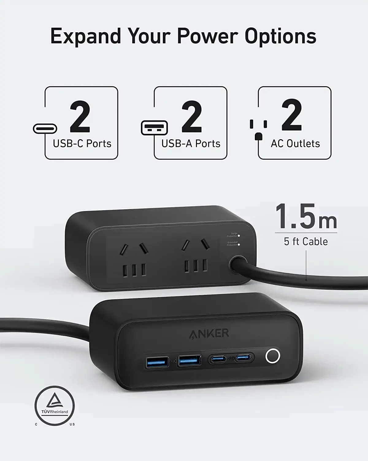 Anker 525 Ladestation, 6-in-1 USB C Power Streifen, 5ft Kabel 3AC,2USB EIN, C,Max 65W Power für Büro, Zu Hause - AliExpress