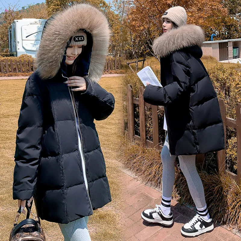 Women Down Jacket Raccoon Fur Collar Winter Windproof Loose Thick Medium-length Models Coat Jackets Overcoat Outwear Hooded Warm