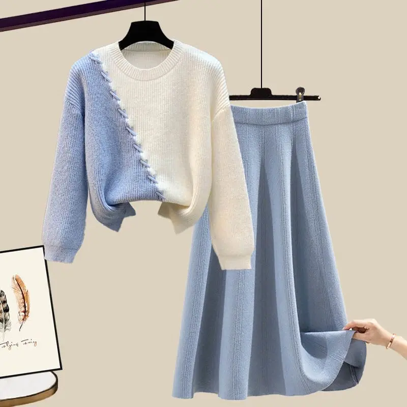 

Women's Autumn/Winter Outfits New Round Neck Spliced Knitted Pullover Sweater Design High Waist Half Skirt Two Piece Set