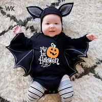 Halloween Baby Jumpsuit Pumpkin Head Skull Bones Infant Costume Bat Romper Long Sleeve Round Neck Button Suit 2Pcs Clothes Set 1