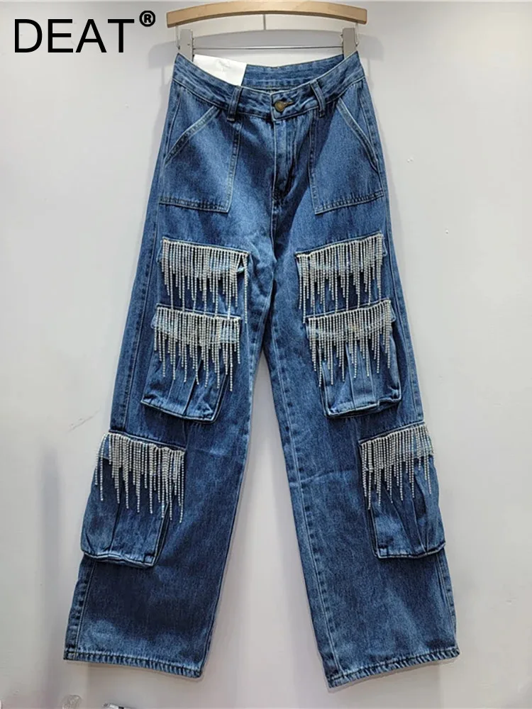 

DEAT Women Jeans High Waist Diamond Tassel Chains Multiple Pockets Straight Wide Leg Denim Pants 2023 Autumn New Fashion 29L4174