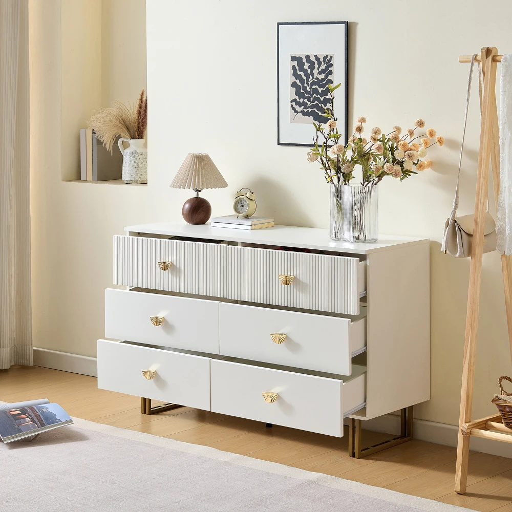 PINGGO Weißes Modernes Sideboard mit 6 Schubladen Goldene Akzente Elegantes MDF & Stahl-Möbelstück für Schlafzimmer Wohnzimmer Eingangsbereiche – Detail 9