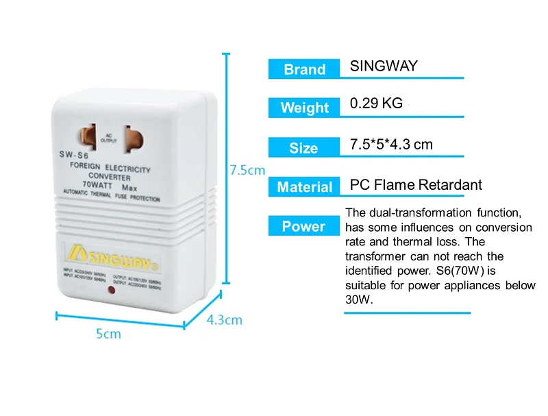SW-S6 70W 전압 변압기 220V 110V/110V-220V 듀얼 방향 전원 변환기 여행 어댑터 전기 칫솔 면도기