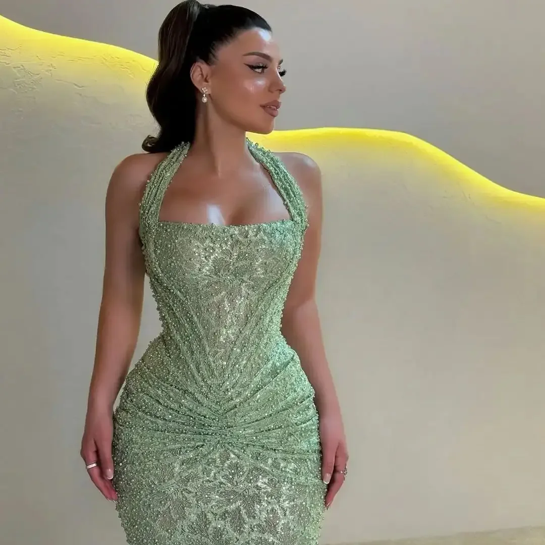 Robes de bal sirène vert menthe avec perles et dentelle, luxueuses, sexy, superbes, à col halter, élégantes, pour soirée, personnalisables