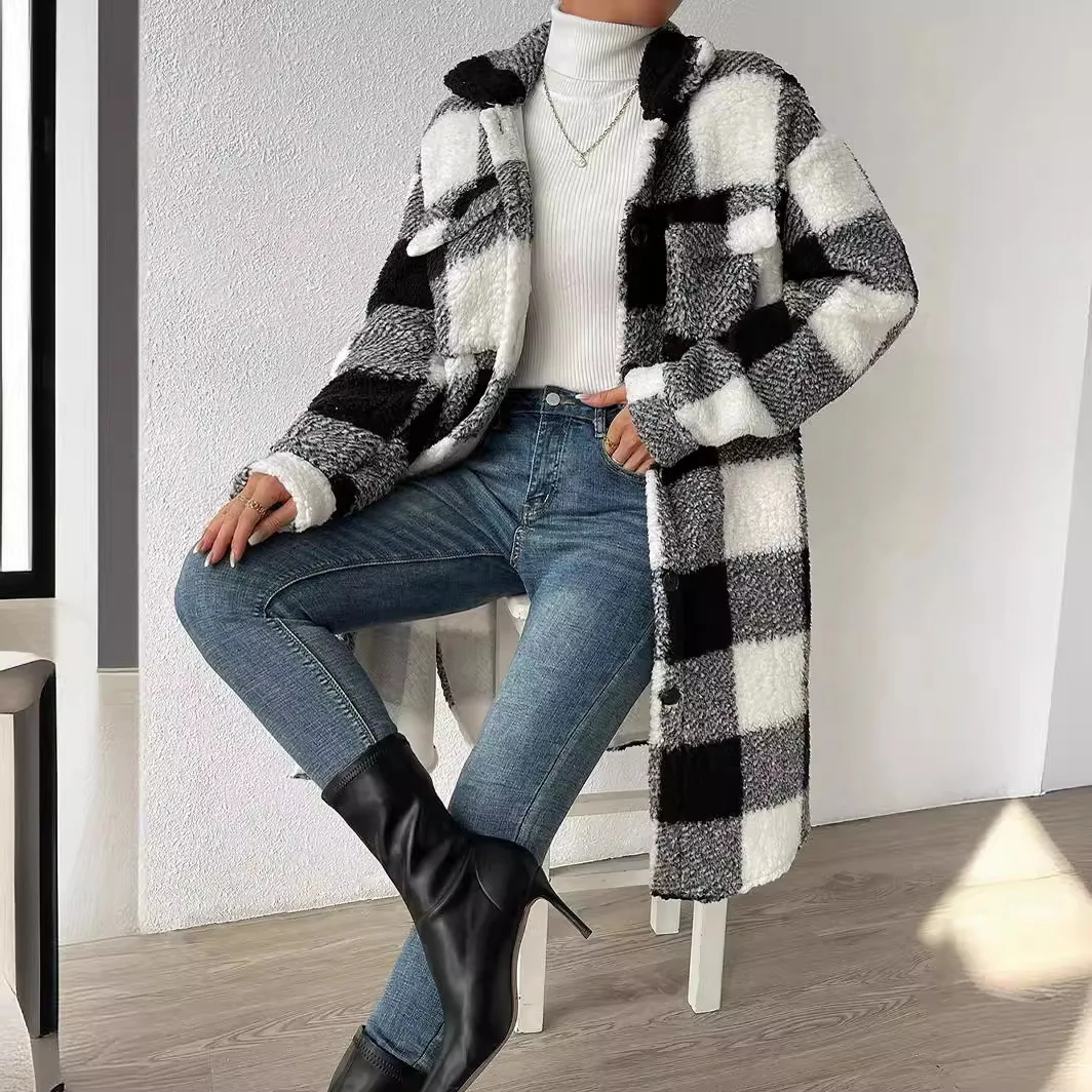 Women Plaid Fleece Sweatshirt Coat Autumn Winter
