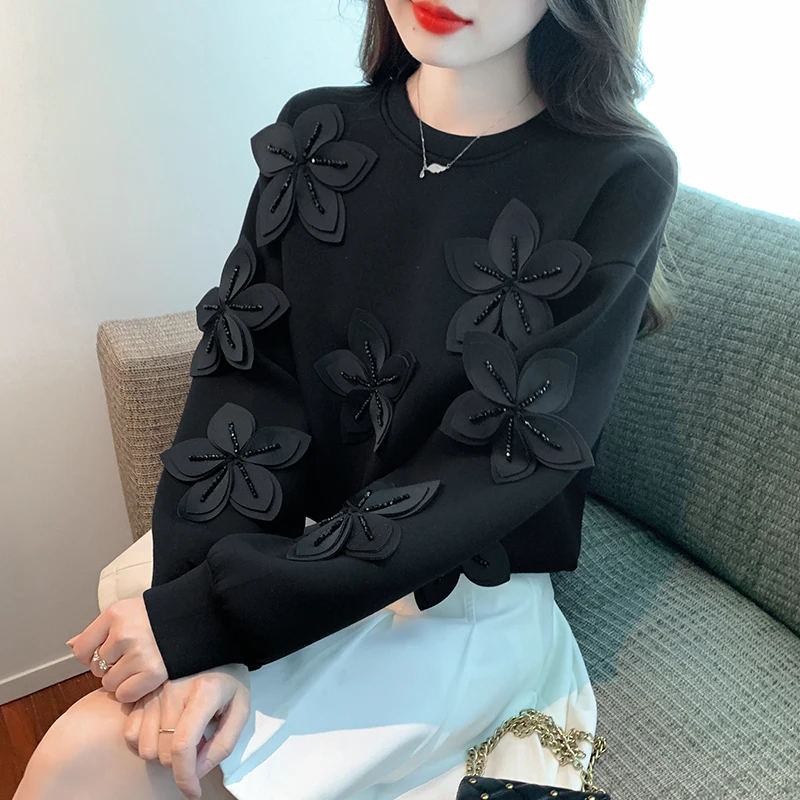 Fall 2023 New Big Flower Korean Sweet Sweatshirt Chic Beading Loose Casual Pullover Sweatshirts Space Cotton Aesthetic Hoodies