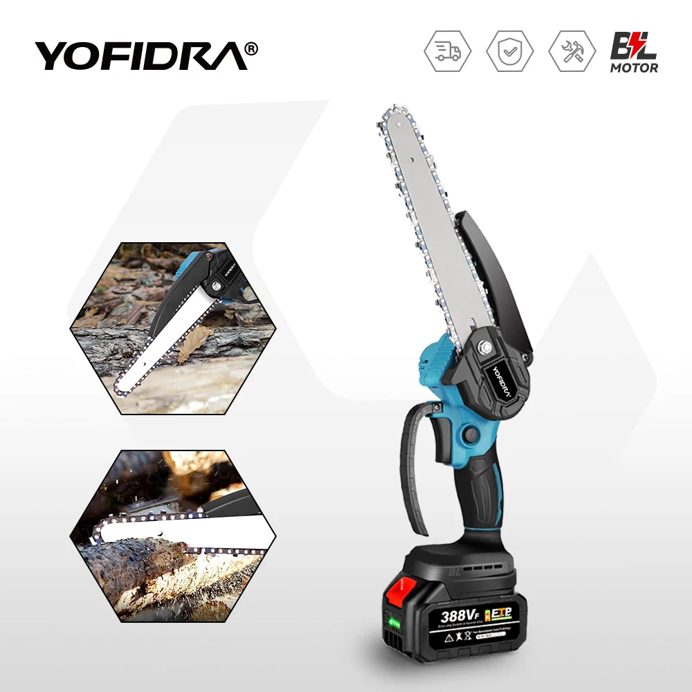 YOFIDRA 3000W 8Inch Brushless ChainSaw Handheld Cordless Pruning Cutting Chain Saw WoodWooking Power Tool For Makita Battery Pin — view 6