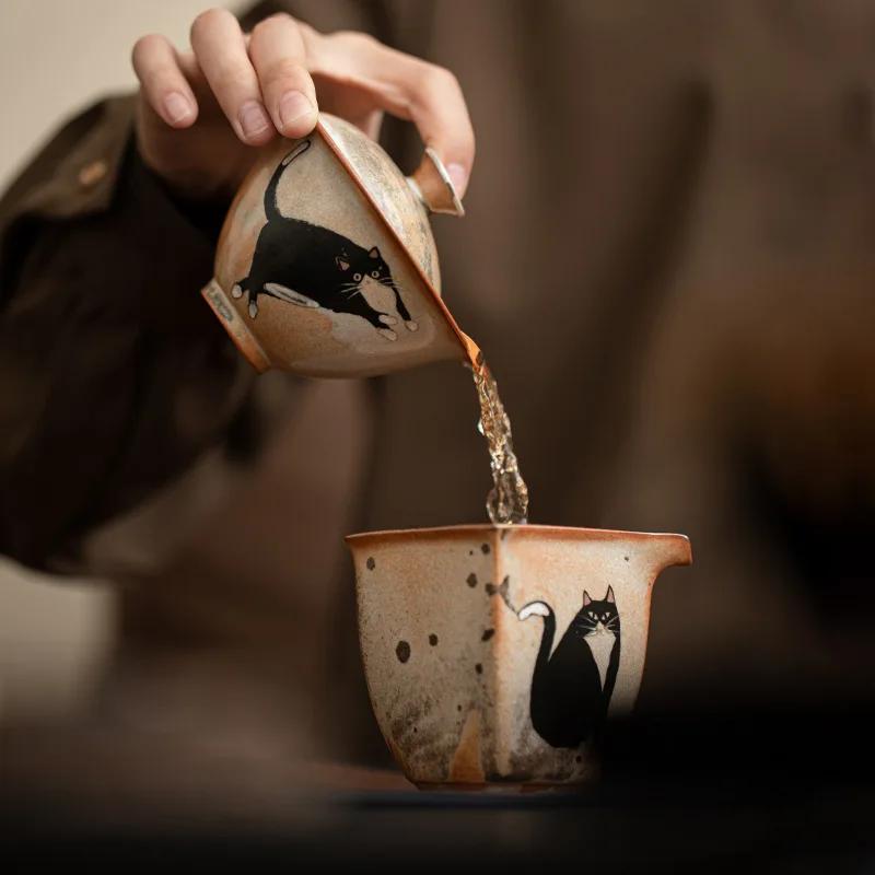 130ml Vintage Cute Zhi Ye Cat Porcelain Gaiwan Set For Tea Tureen Teaware Cup Chinese Yellow Bowls Chawan Tea Ceremony Set