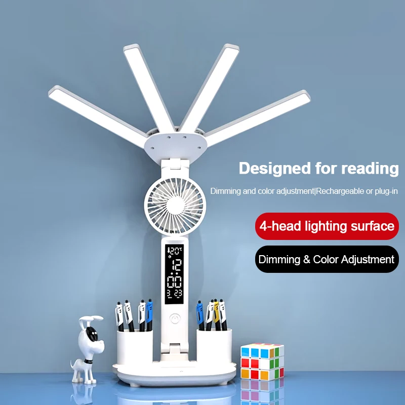 연구용 LED 충전식 테이블 램프, 책상 램프 독서등, 팬이 있는 LED 테이블 램프, LED 시계 디스플레이 독서등