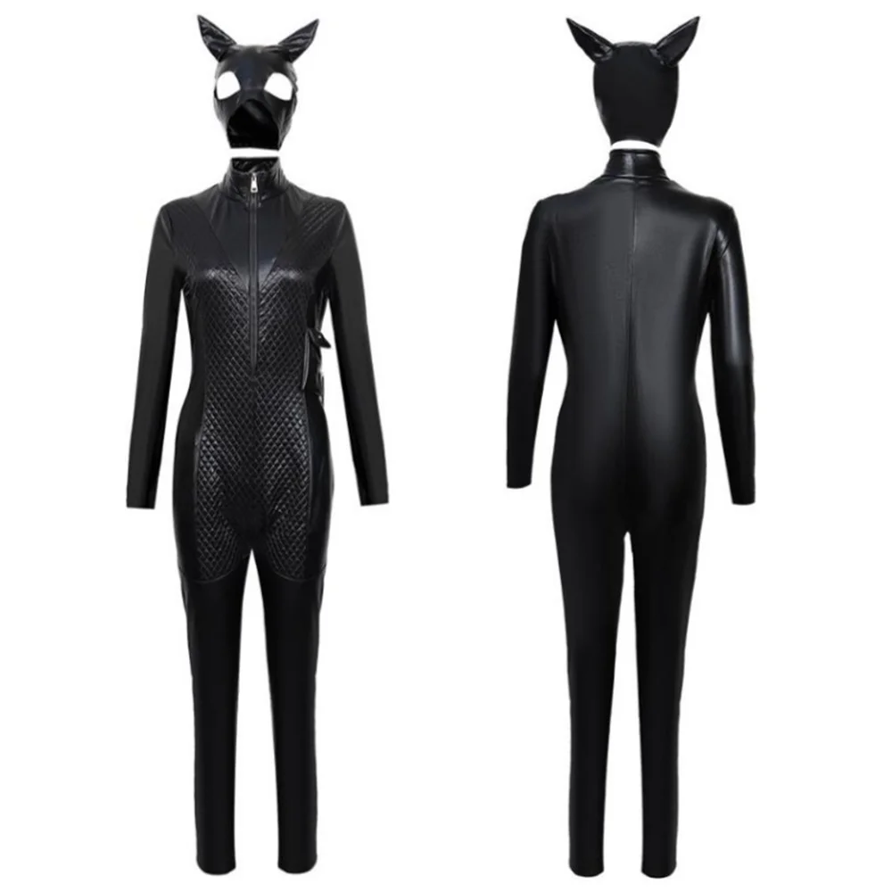 

Catwomen Cat Girl Sexy Woman Cosplay Costume Anime Nightclub Black Tight Jumpsuit Bodysuit Hallowen Carnival Party Suit