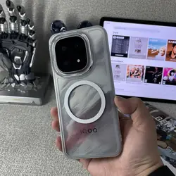 Magnetic Transparent Frosted Shockproof Silicone Phone Case with Electroplated Frame for Vivo iQOO 15 (Magnetic transparent)