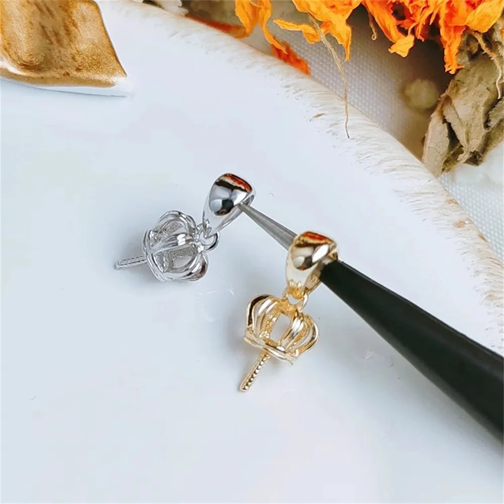 

DIY Pearl Accessories S925 Sterling Silver Pearl Jade Pendant Empty Tray Small Crown Fit 8-10mm Round Beads D082