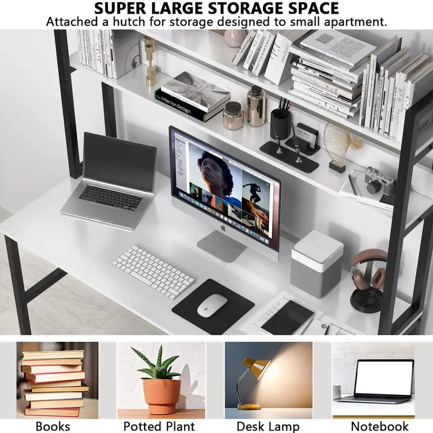 Study Desk for Bedroom, 47" Gaming Desk with Hutch and Bookshelf, White Teen Desk Study Table for Space Saving 5
