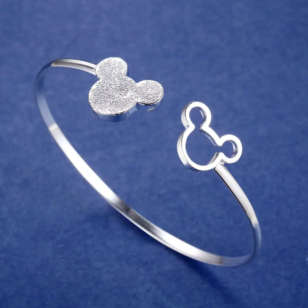 925 Sterling Silver fine Frosted Mickey bangle Bracelets for Women adjustable Fashion Party Wedding Accessories Jewelry Gifts