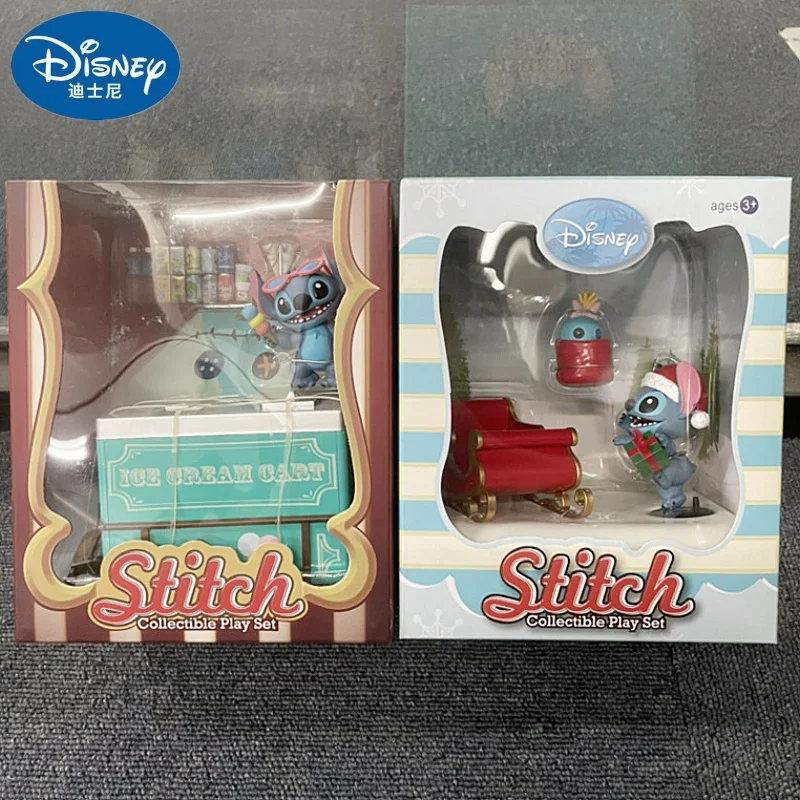 Disney Original Stitch Drink Cart Slitta Set Scene Model Scorrevole Toy Car Collection Color Box Ornaments Model Festival Gift