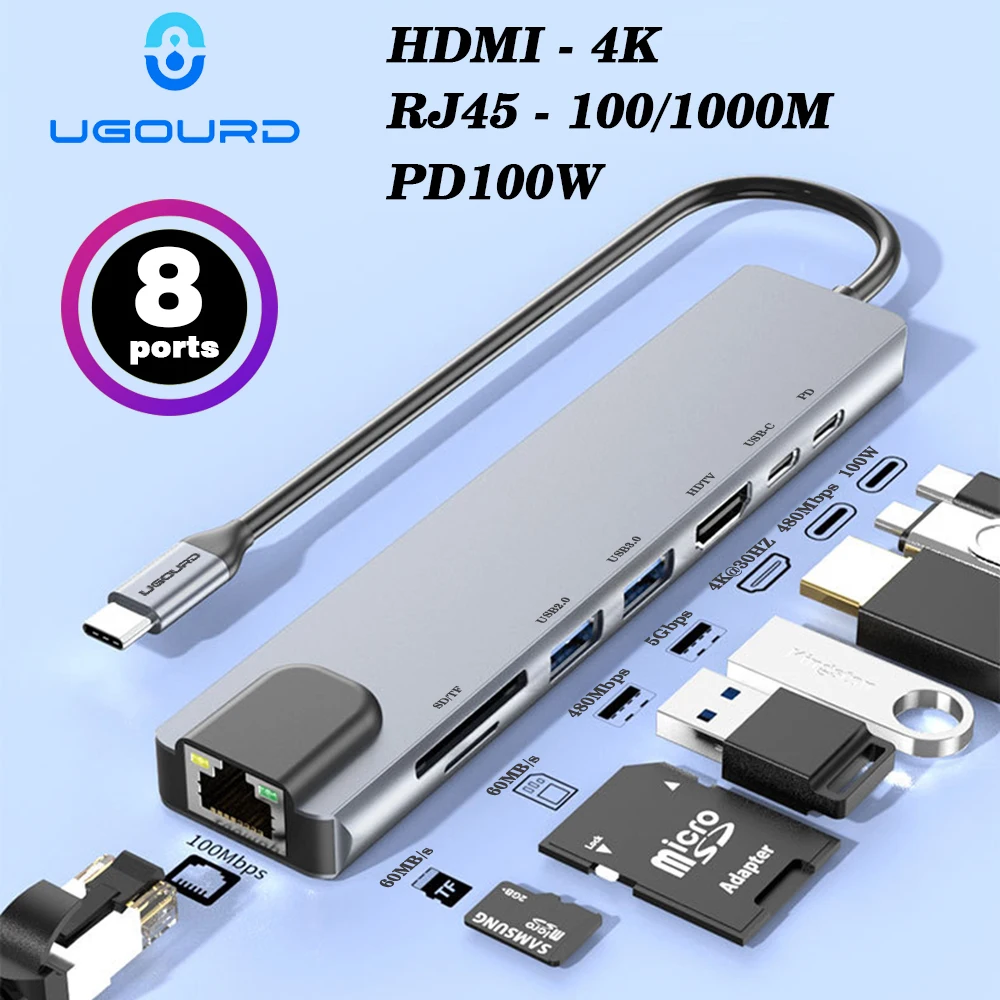 USB C Adapter RJ45 100M/1000Mbps Ethernet to USB C HDMI HUB 4K 30HZ VGA Headphone PD 100W USB3