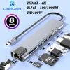 RJ45 100M/1000Mbps Ethernet to USB C Adapter Docking Station USB Type C to HDMI HUB 4K 30HZ VGA Headphone PD 100W USB3 Extencion 1