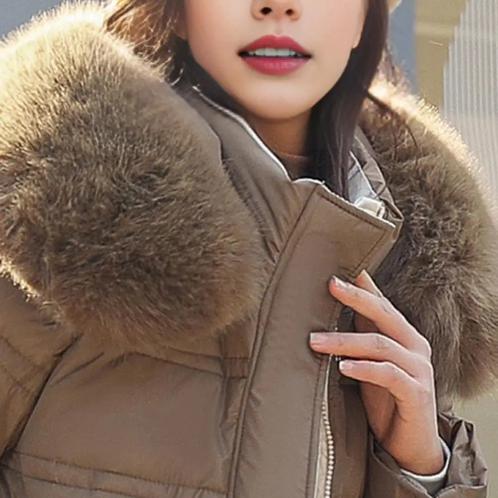 Winter Women Long Parkas Solid Colo Neck Hooded Cotton Jacket Pockets Windproof Zipper Closure Padded Outwear