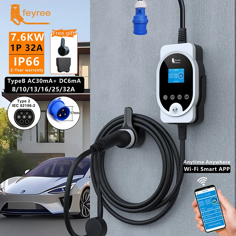 

Портативное зарядное устройство feyree EV, тип 2, 7 кВт, 32 А, 1P, быстрая зарядка, приложение Wi-Fi, управление с помощью настройки тока и времени зарядки для электрического автомобиля