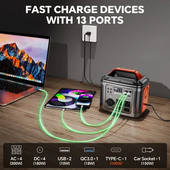 300W Portable Power Station, 296Wh 80000mAh Camping Solar Generator, Emergency Lithium Battery Outages,Black(with Solar Panel) 3