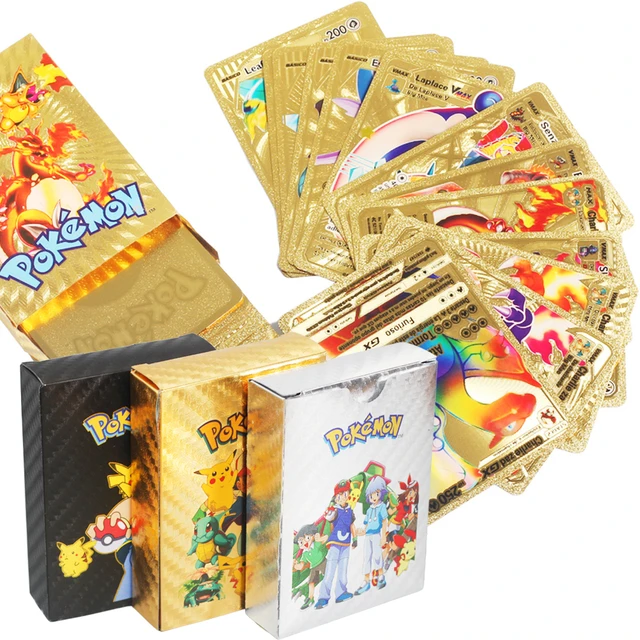 54 Pieces Of Pokemon Gold Cards Box Golden Letter Spanish Playing