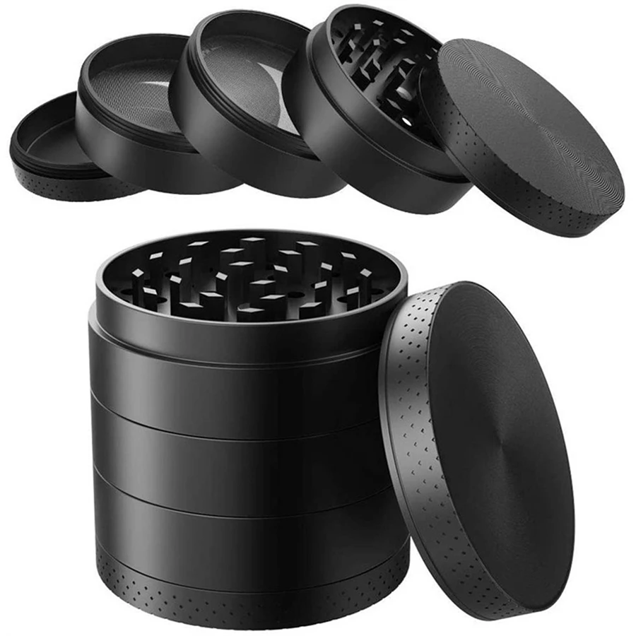 [5 Piece] Spice Herb Grinder with Pollen Catcher, 2.1 Inch, Metal Black 55mm