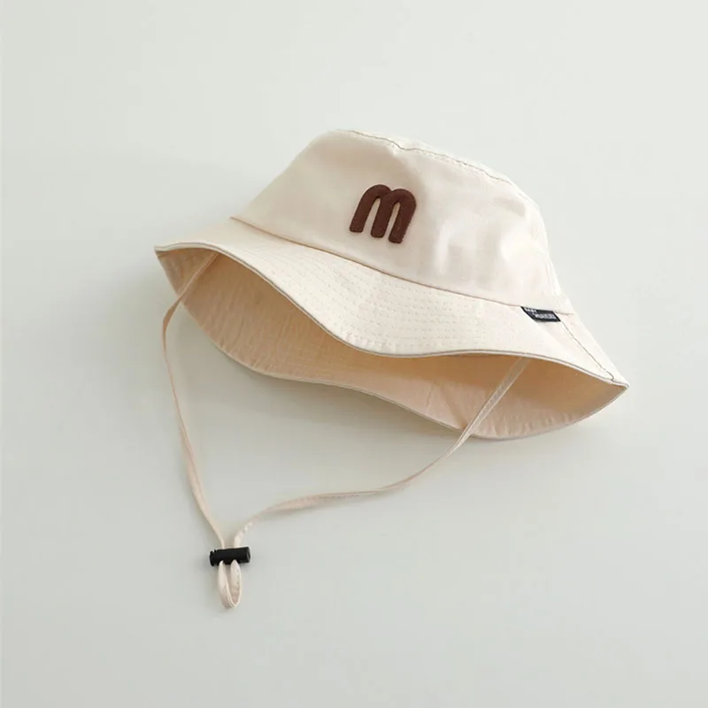 M Letter Children Basin Hat Fashion Kids Drawstring Fisherman Cap Solid Cotton Bucket Hats 1-4year Boy Girl Baby Sunshade Visors 4