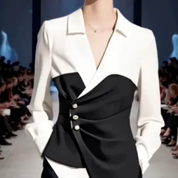 Fake Two Piece Spliced Vest Shirt Turn-down Collar V-neck Button Up Jackets Temperament Office Lady Color Matching Shirt Korean