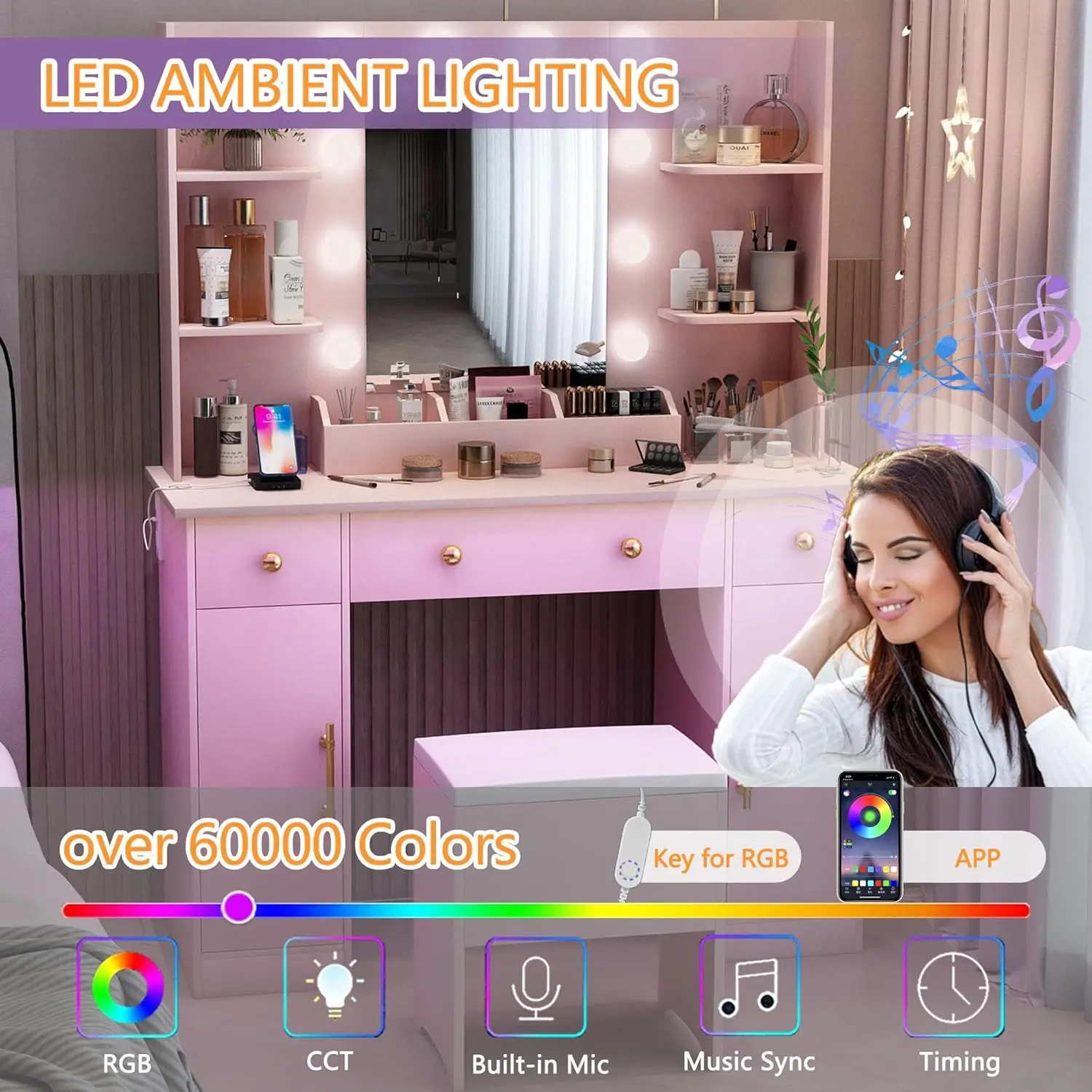Desk with Mirror and Lights 43" Pink Makeup Dressing Table Set with 5 Drawers & Chair Power Outlet 3 Lighting Modes Adjustable